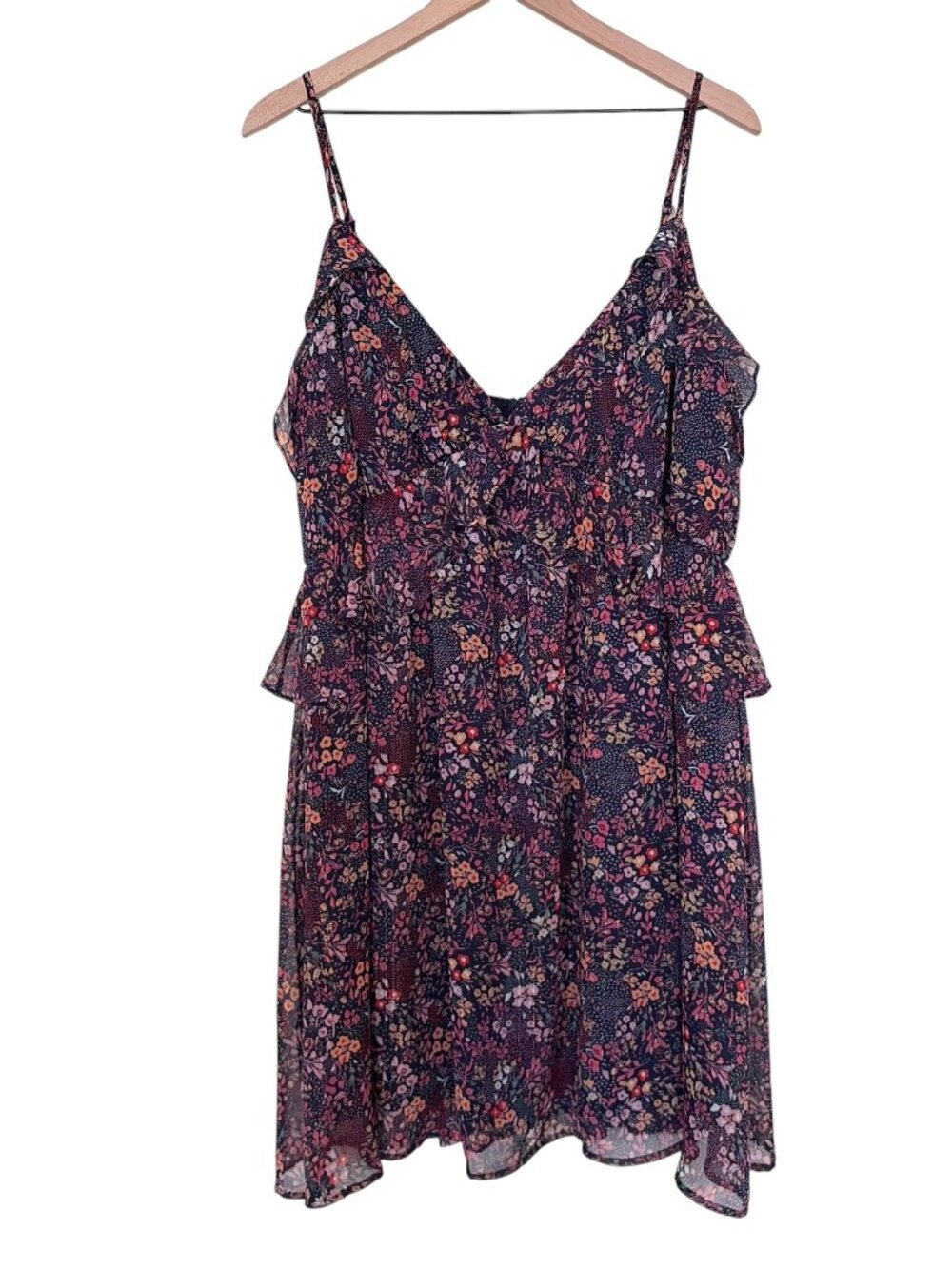 Arula Navy Metallic Floral Printed Ruffle Mini Dress